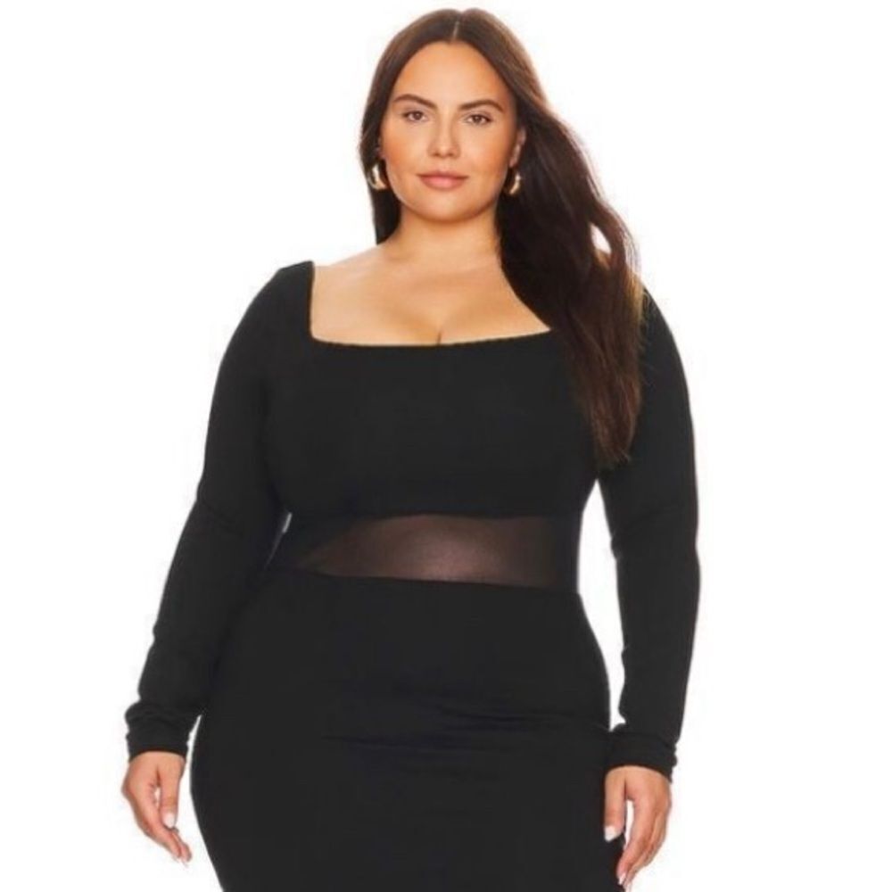 REMI x REVOLVE Jamie Midi Dress in Black Stretch & Mesh Bodycon Long Sleeve - Picture 2 of 5
